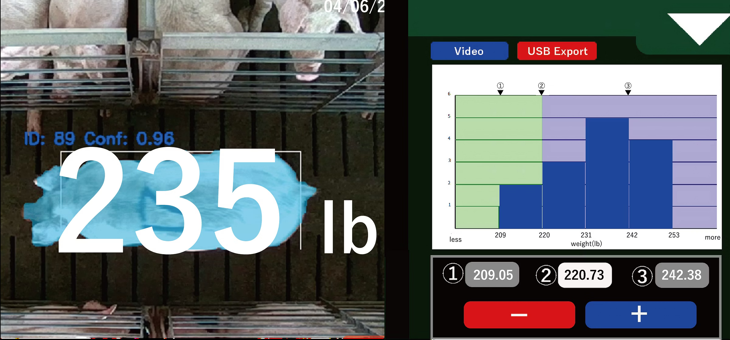 Weight estimation showing 235 lb measurement with distribution chart